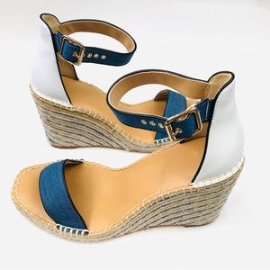 CAbi Parker Blue & White Espadrille Ankle Strap Wedges Women’s Size 10 EUC